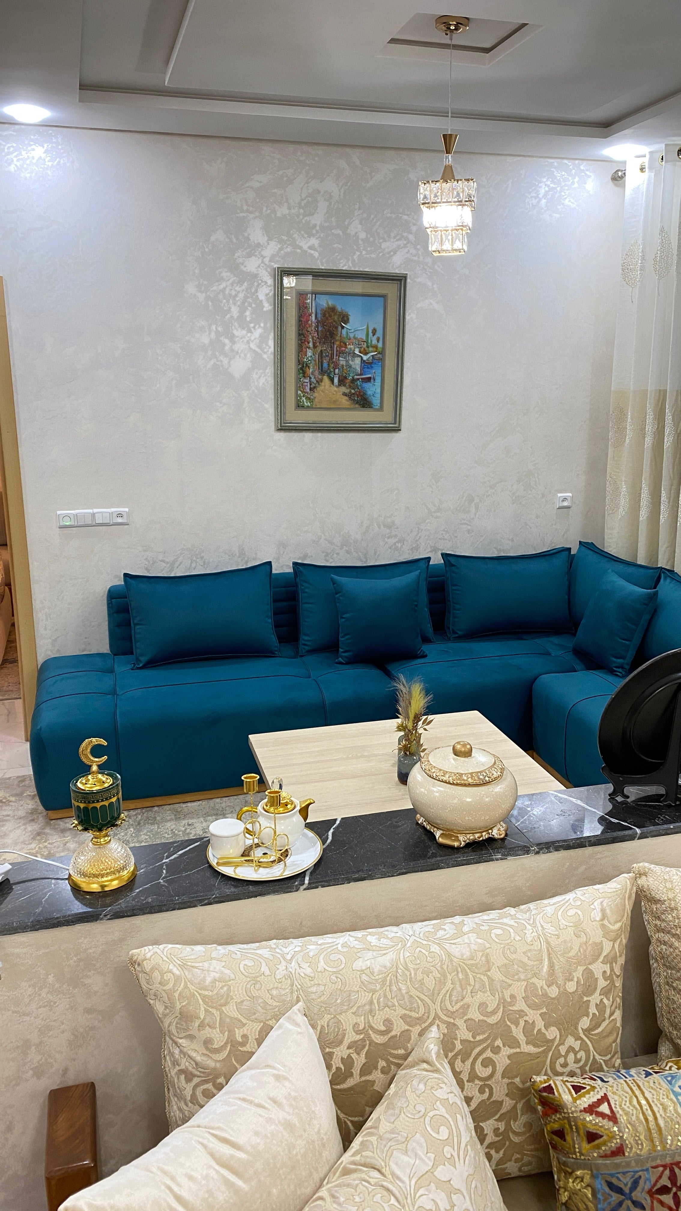 Salon Moderne Bleu Canard – Canapé d’Angle Contemporain et Élégant