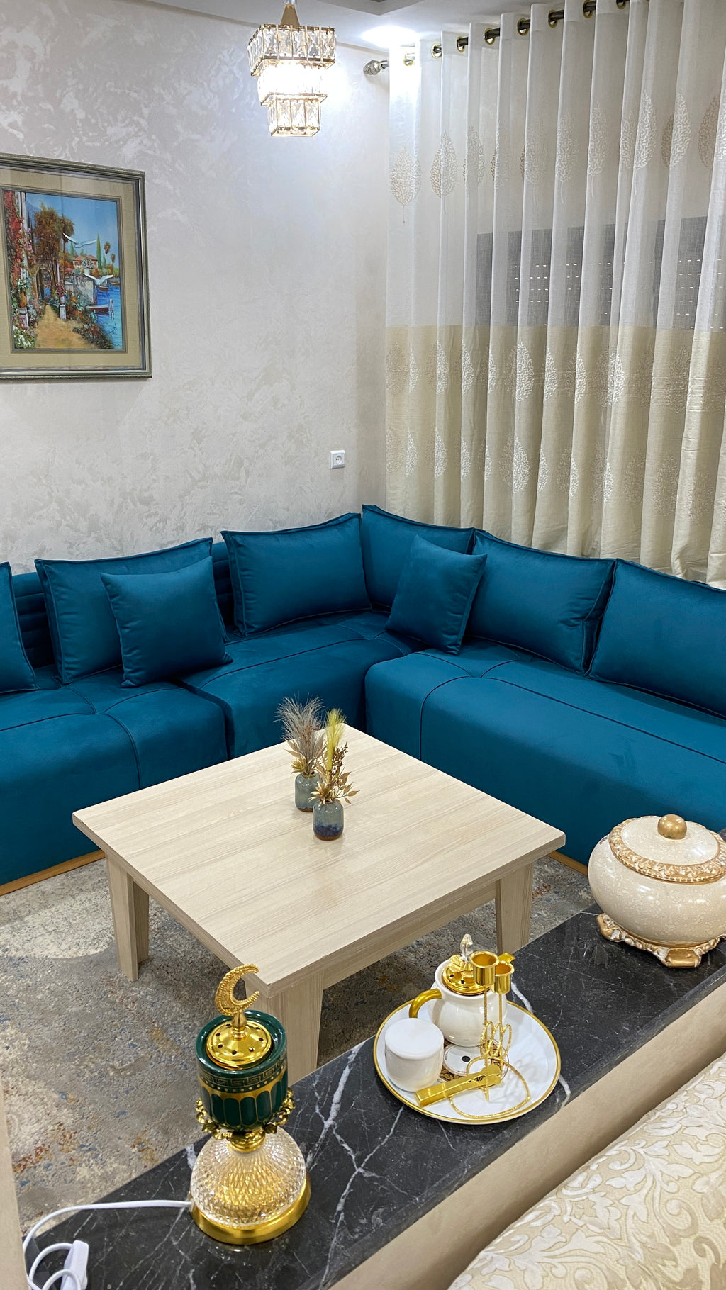 Salon Moderne Bleu Canard – Canapé d’Angle Contemporain et Élégant