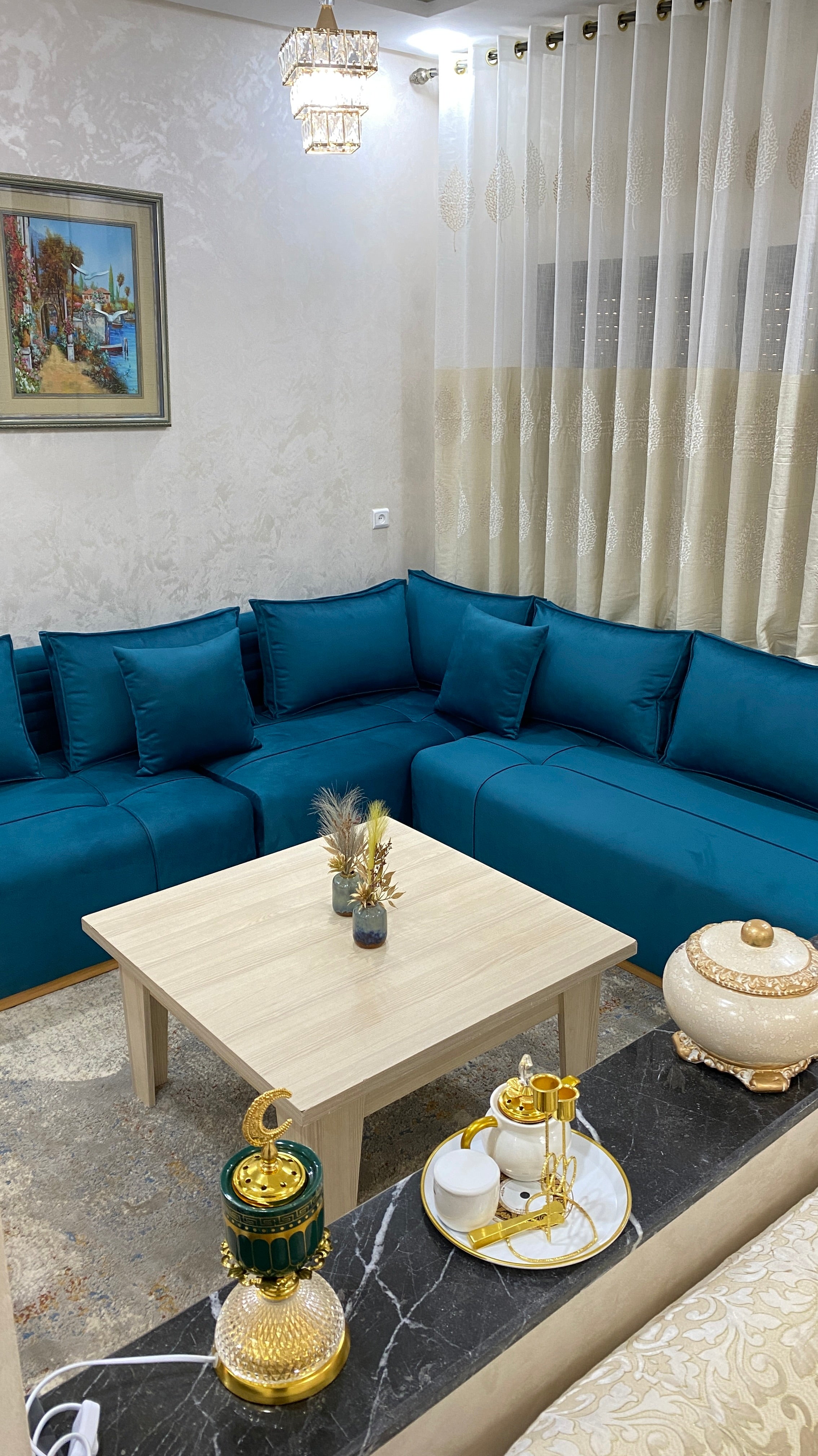 Salon Moderne Bleu Canard – Canapé d’Angle Contemporain et Élégant