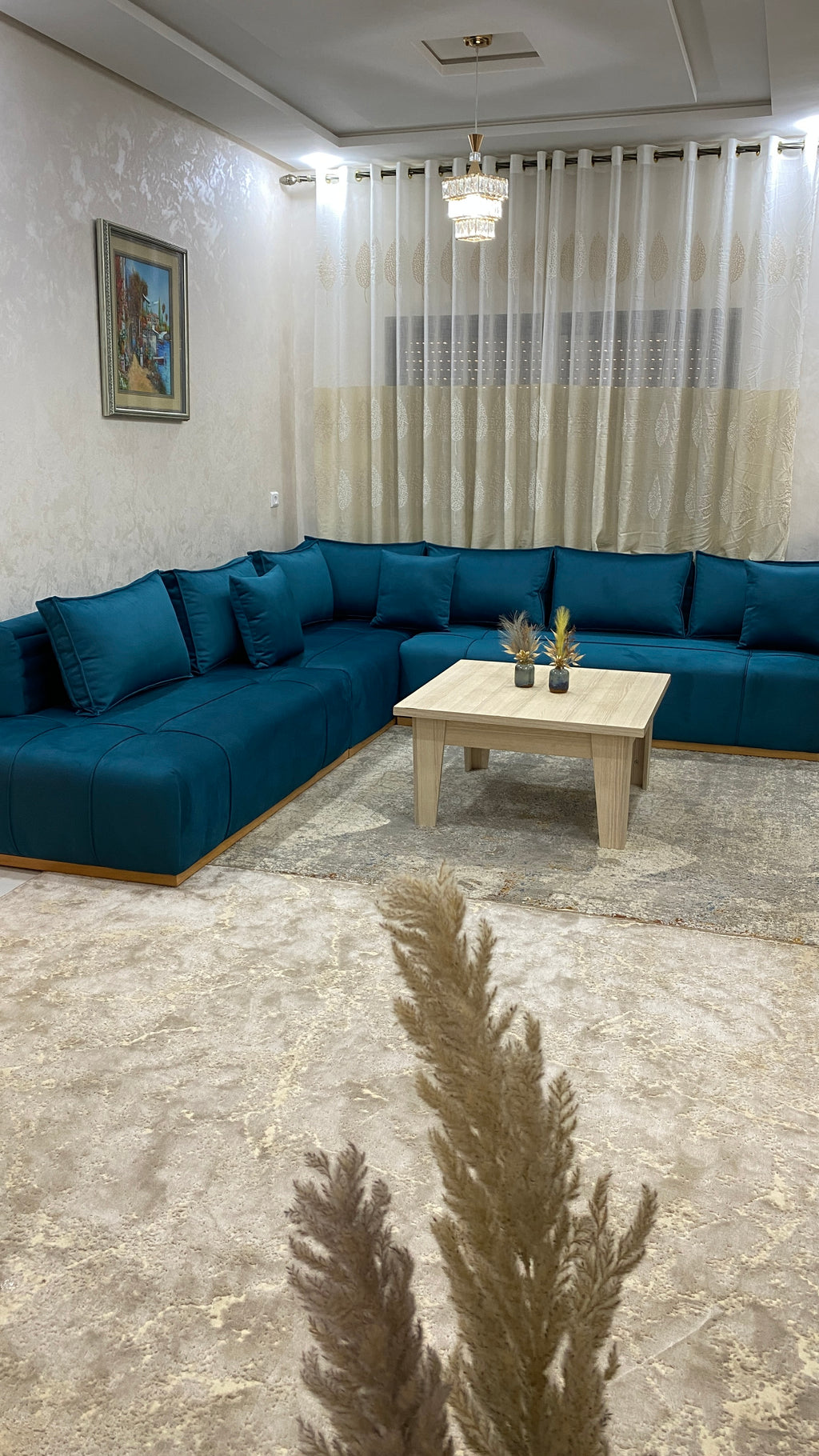 Salon Moderne Bleu Canard – Canapé d’Angle Contemporain et Élégant