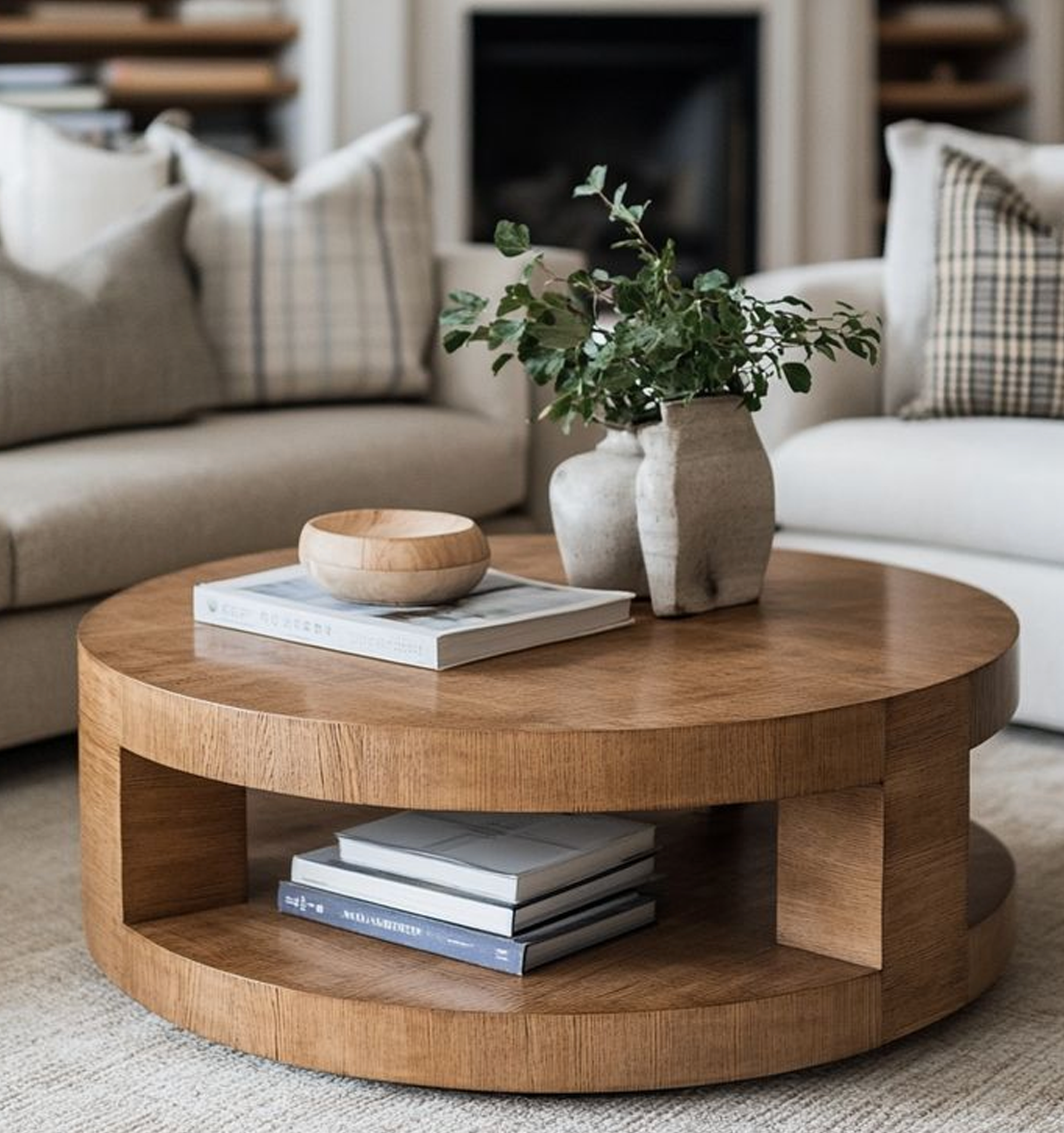 Table Basse Ronde en Bois Massif – Design Moderne avec Espace Intégré
