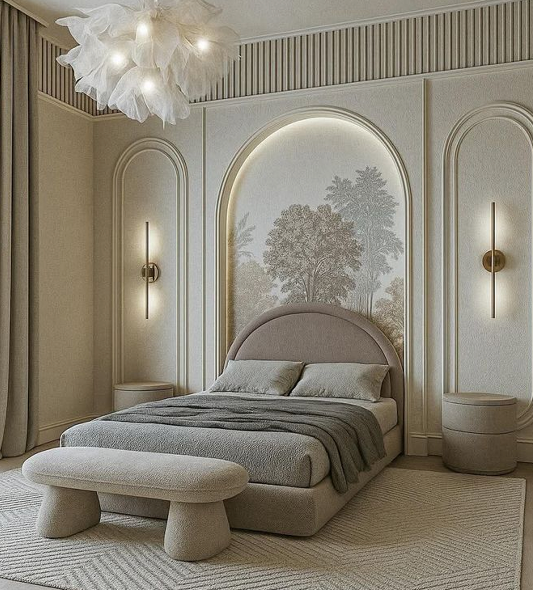 Chambre Moderne Beige – Lit Design Arrondi avec Banc et Tables de Nuit