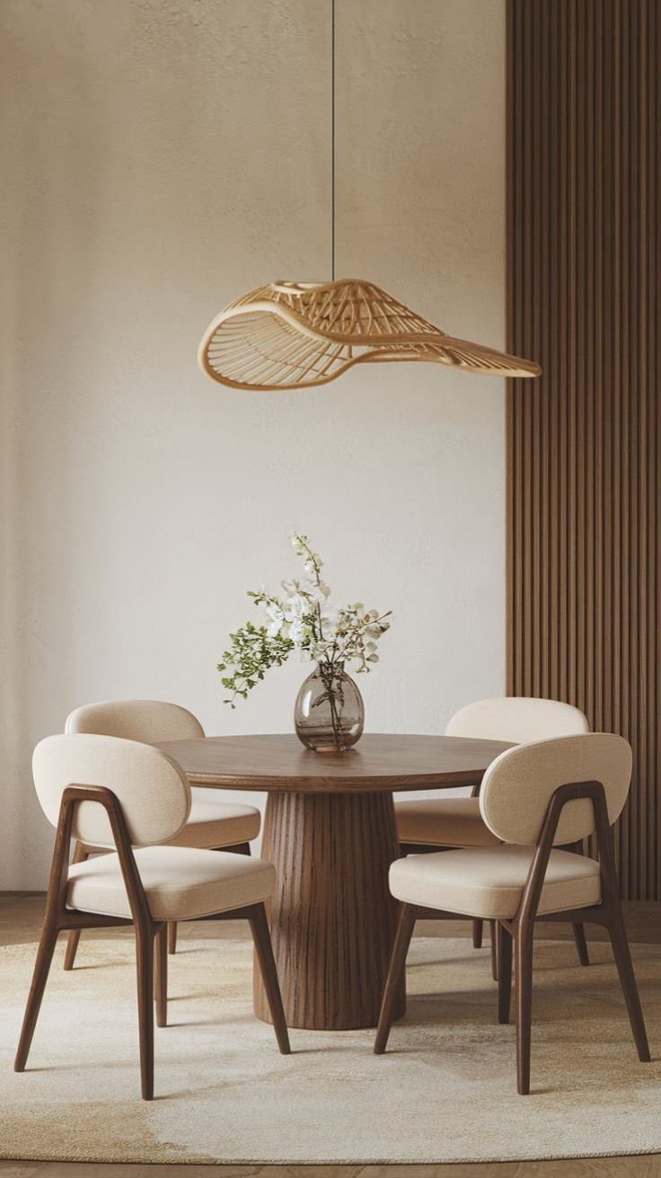 Salle à Manger Japandi – Table Ronde en Bois Foncé & Chaises Crème Élégantes